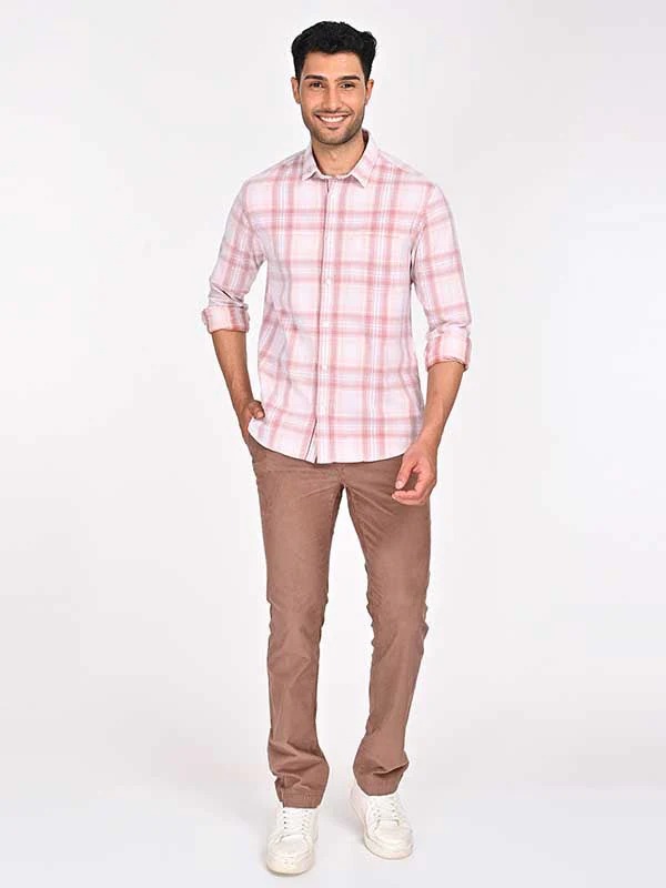 Indian Terrain Men's Regular Fit Full Sleeve Checkered Brown Shirt